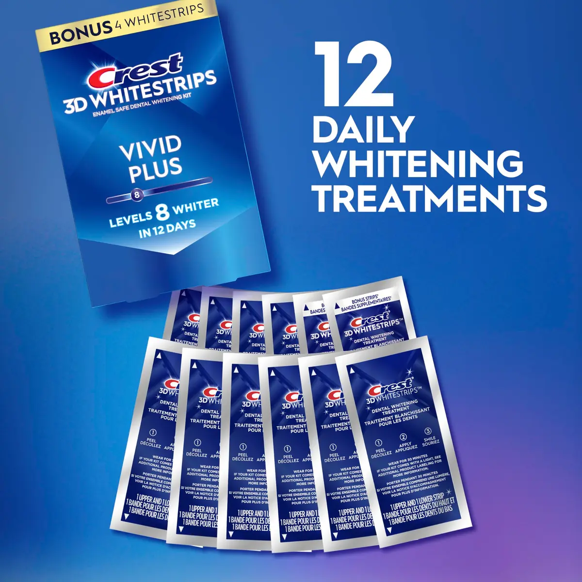 Crest 3D Whitestrips Vivid Plus Teeth Whitening Kit 24 Count (24 Strips) | 8 Levels Whiter in 12 Days - view 3