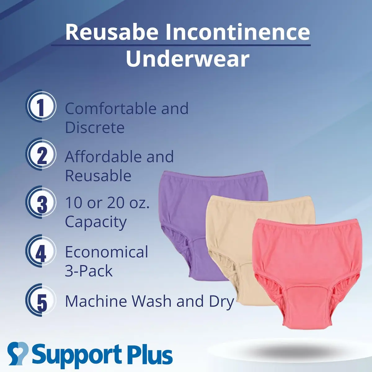SUPPORT PLUS Womens Incontinence Underwear Washable Reusable 20 oz. Color 3 Pack - Medium - view 2