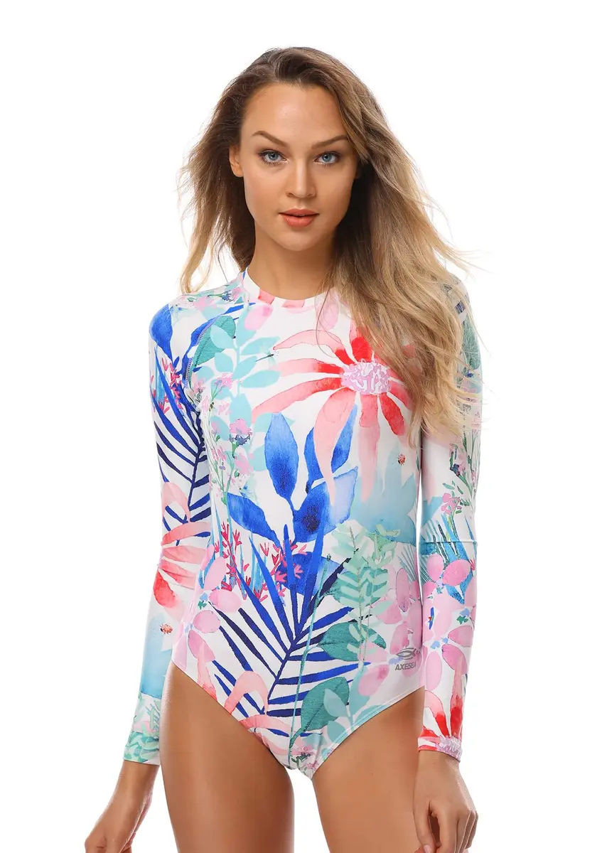 AXESEA Womens Long Sleeve Rash Guard UV UPF 50+ Sun Protection Printed Zipper Surfing One Piece Swimsuit Jungle | Quick-Dry, Breathable & UV Safe - view 4