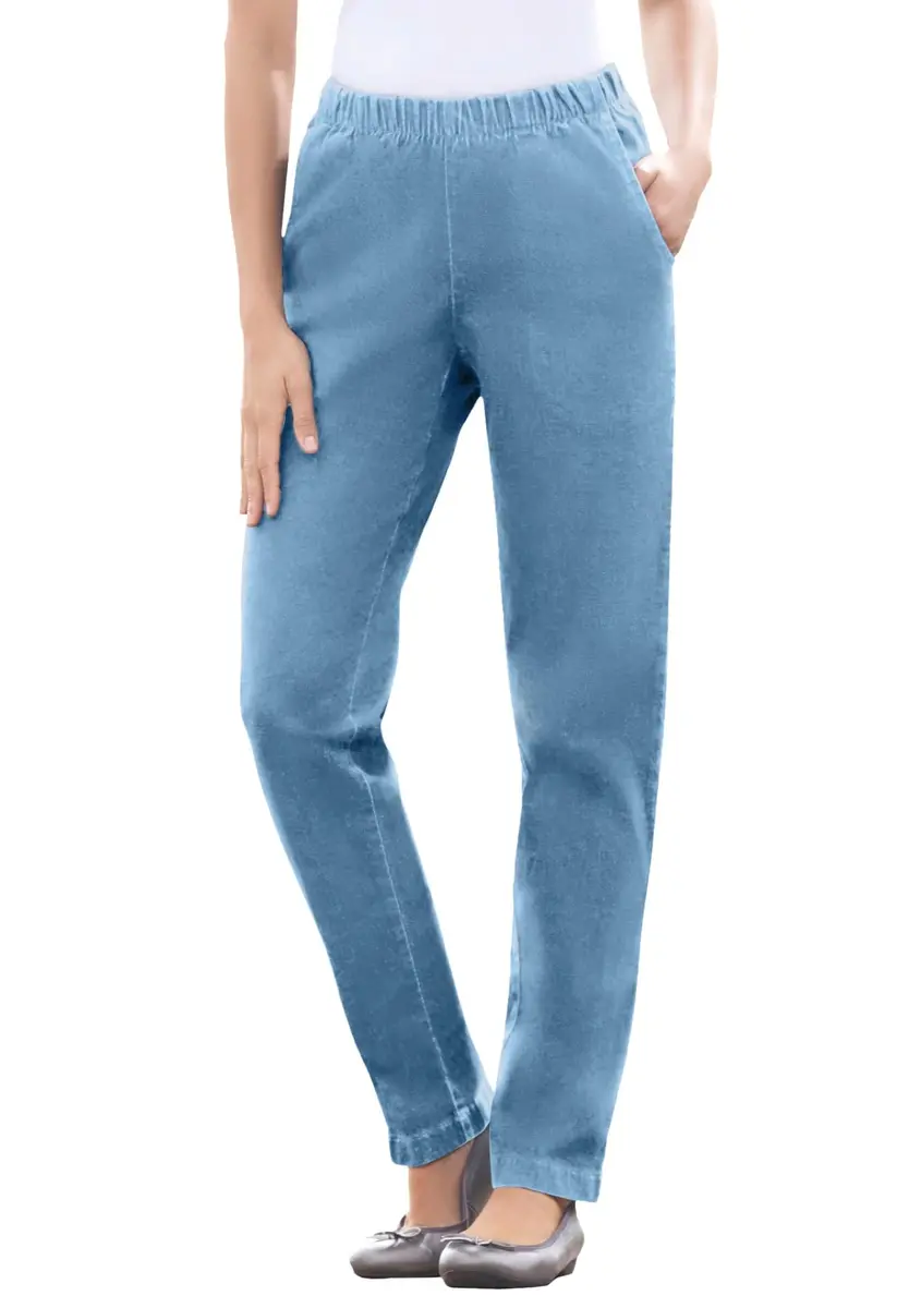 Woman Within Fineline Pull-On Elastic Waist Straight-Leg Stretch Denim Jeans Light Stonewash | Comfortable Plus Size Fit - main product image