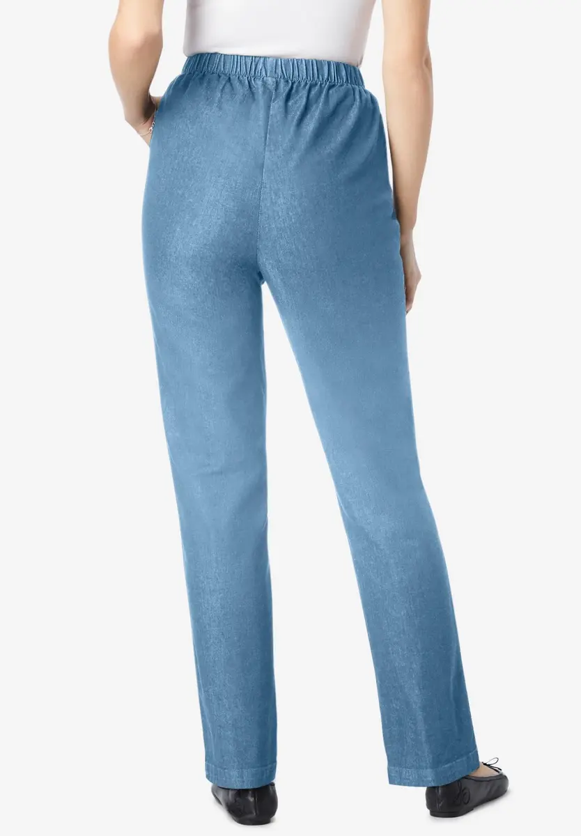 Woman Within Fineline Pull-On Elastic Waist Straight-Leg Stretch Denim Jeans Light Stonewash | Comfortable Plus Size Fit - view 2