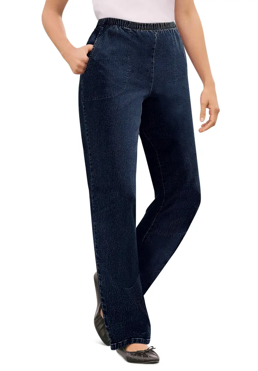 Woman Within Fineline Pull-On Elastic Waist Straight-Leg Stretch Denim Jeans Light Stonewash | Comfortable Plus Size Fit - view 4