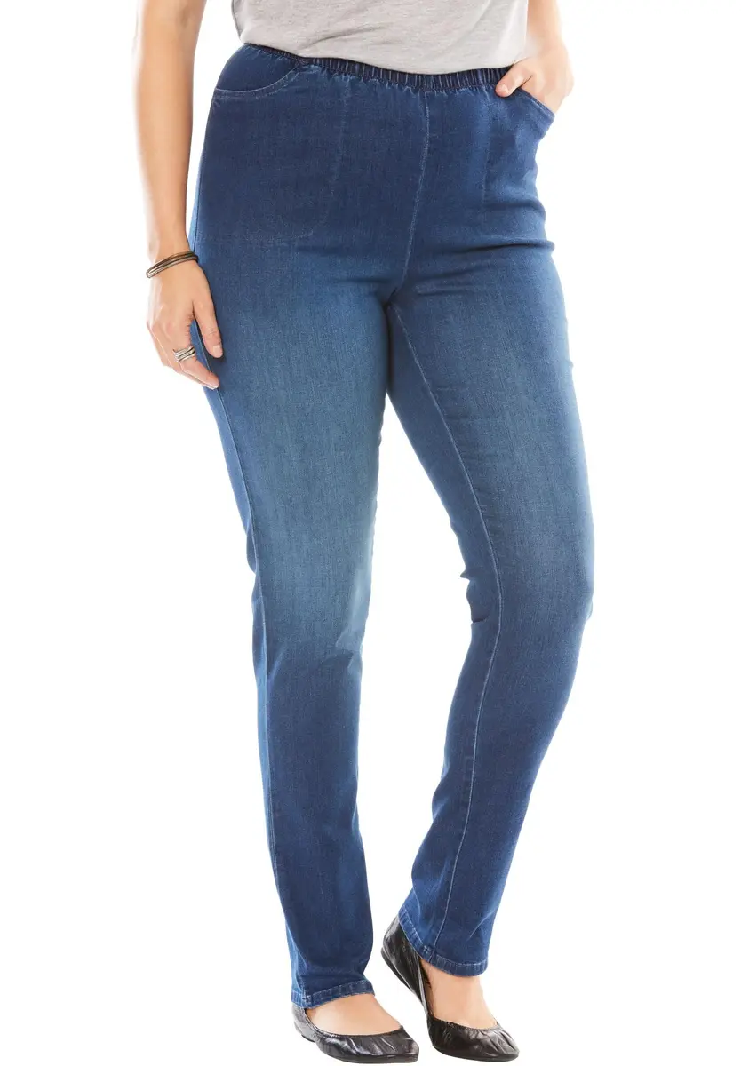 Woman Within Fineline Plus Size Straight-Leg Pull-On Elastic Denim Jeans | High-Rise Comfort Fit (70-120 chars) - main product image