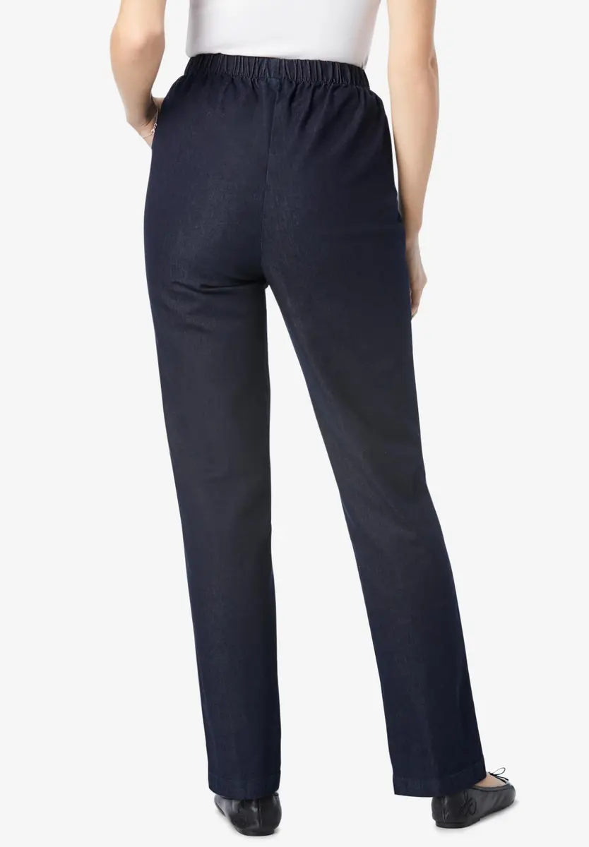Woman Within Fineline Plus Size Straight-Leg Pull-On Elastic Denim Jeans | High-Rise Comfort Fit (70-120 chars) - view 6