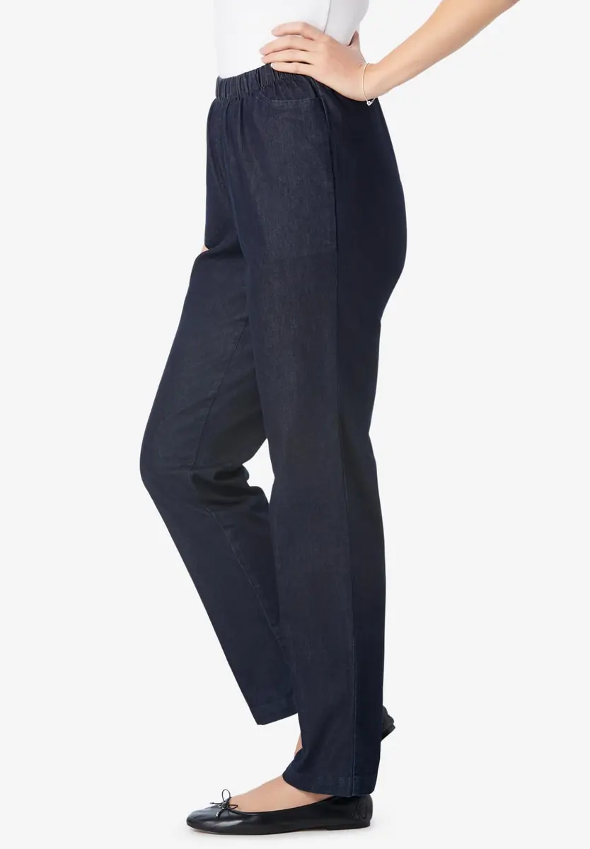 Woman Within Fineline Plus Size Straight-Leg Pull-On Elastic Denim Jeans | High-Rise Comfort Fit (70-120 chars) - view 7