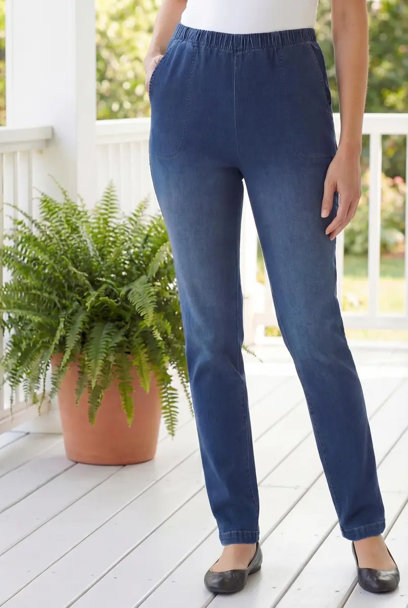 Woman Within Fineline Plus Size Straight-Leg Pull-On Elastic Denim Jeans | High-Rise Comfort Fit (70-120 chars) - view 2