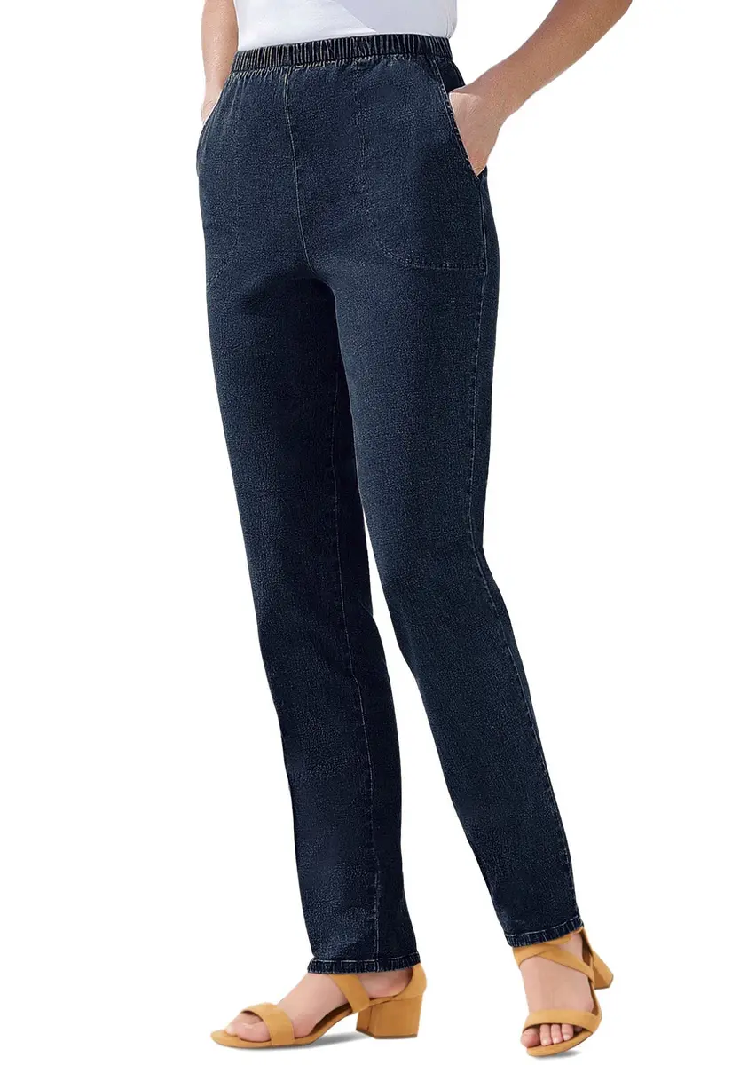 Woman Within Fineline Plus Size Straight-Leg Pull-On Elastic Denim Jeans | High-Rise Comfort Fit (70-120 chars) - view 4