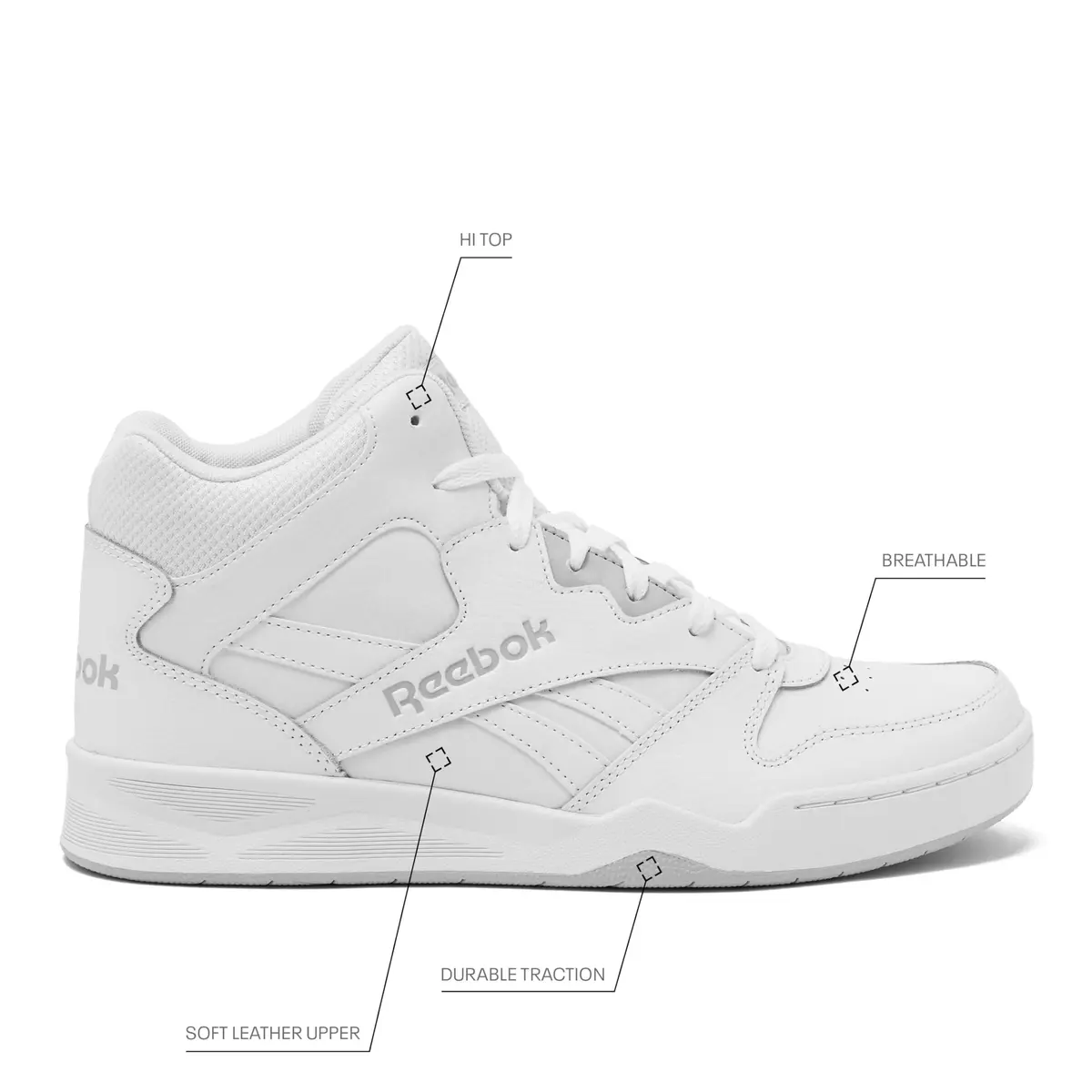 Reebok Royal BB4500 Hi2 High Top Sneakers for Men, White/Light Solid Grey | Timeless Court Style & Comfort - view 2