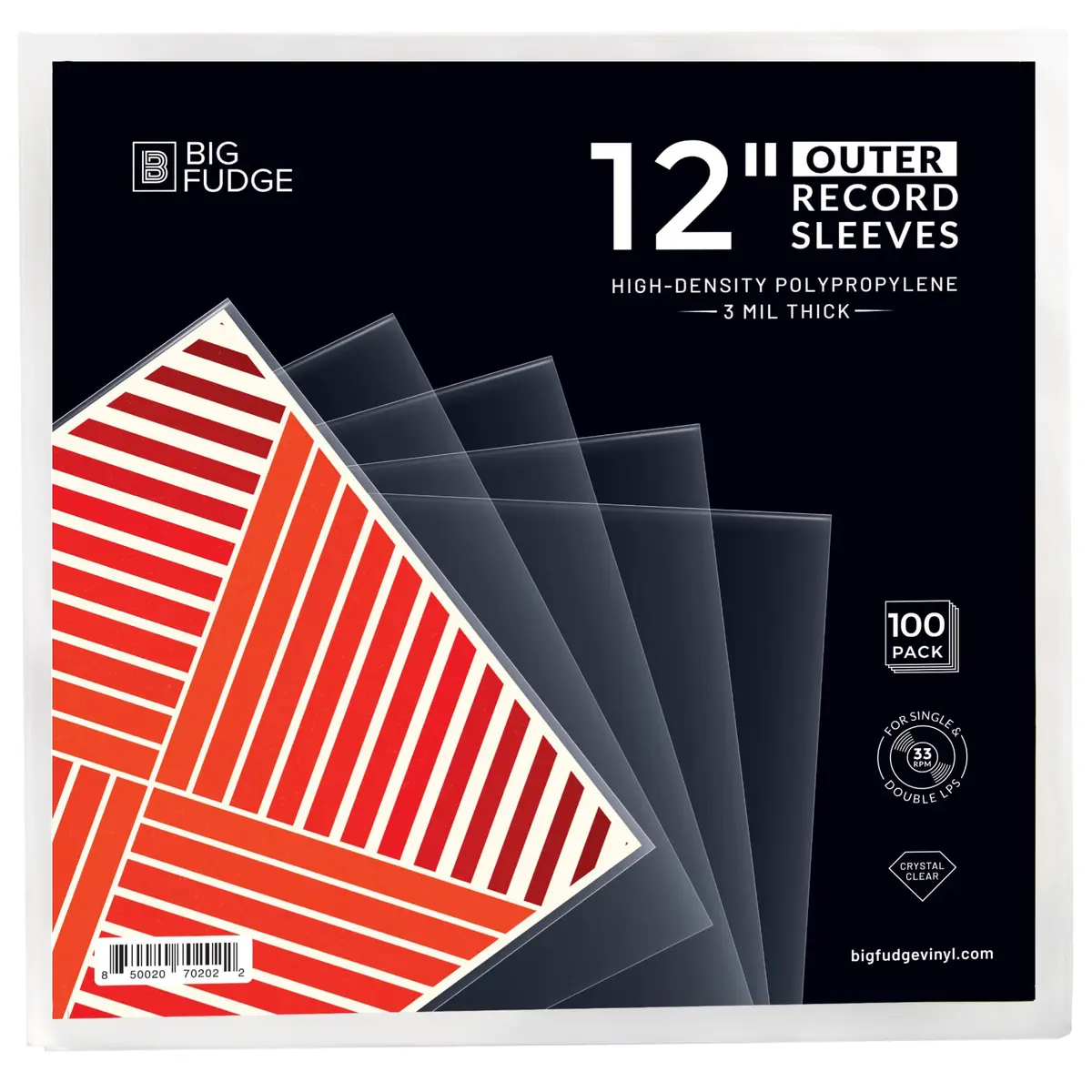 Big Fudge 12" Vinyl Record Sleeves - Outer Sleeves 100 Pack - Crystal Clear High-Density Polypropylene Vinyl Covers - main product image