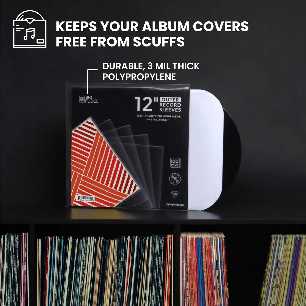 Big Fudge 12" Vinyl Record Sleeves - Outer Sleeves 100 Pack - Crystal Clear High-Density Polypropylene Vinyl Covers - view 3