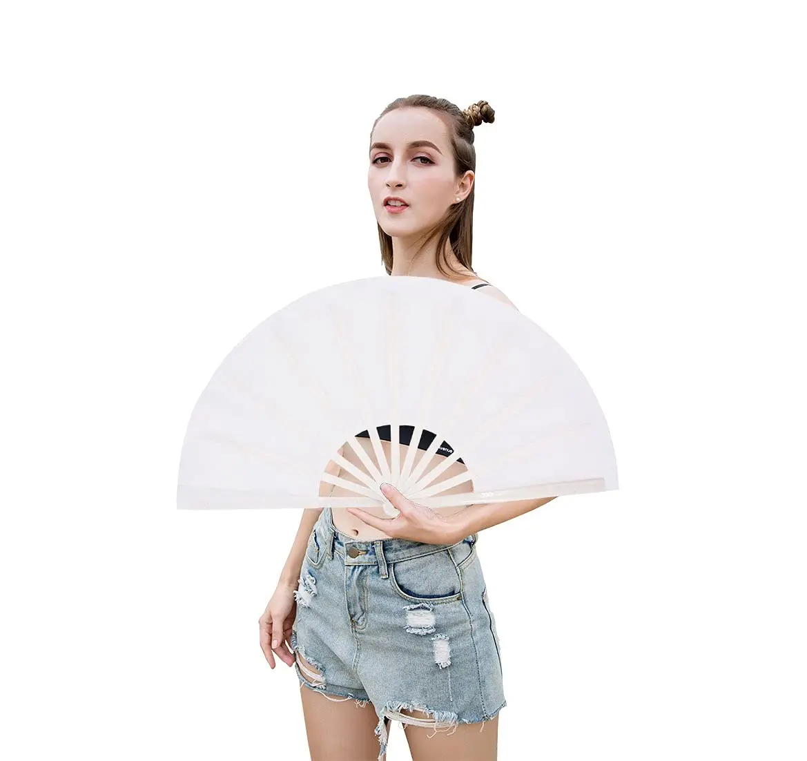Amajiji Large Folding Hand Fan White 35cm (13.78 inches) | Rave Fan for Dance & Festivals - view 5