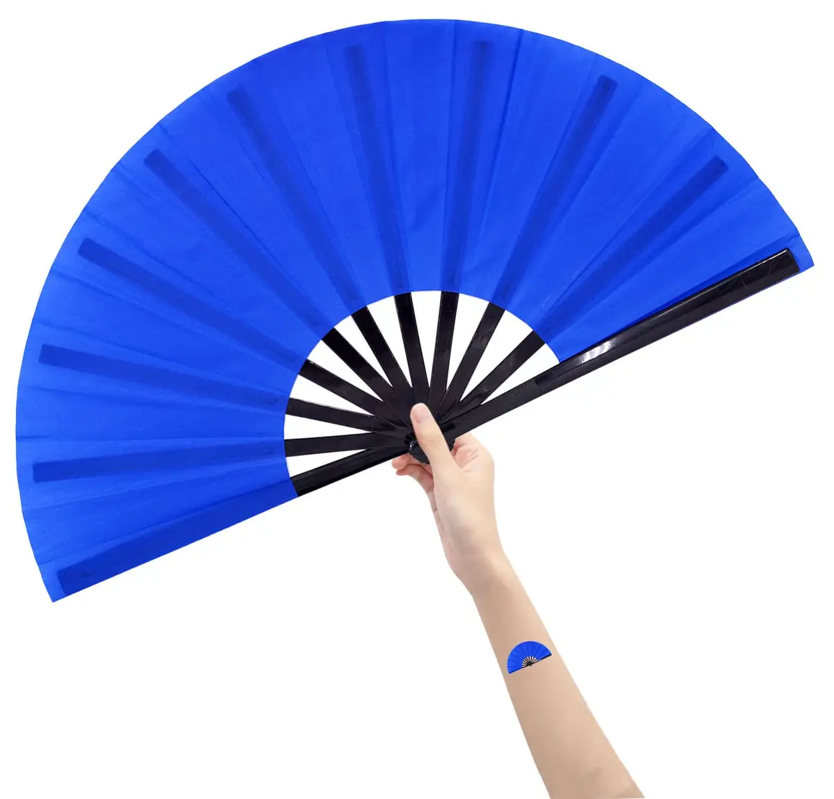 Amajiji Large Folding Fan Blue Nylon-Cloth Plastic Frame 35cm (13.78") | Quick-Open Handheld Fan for Dance & Festivals - main product image