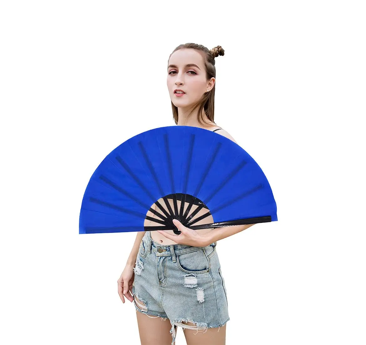 Amajiji Large Folding Fan Blue Nylon-Cloth Plastic Frame 35cm (13.78") | Quick-Open Handheld Fan for Dance & Festivals - view 5
