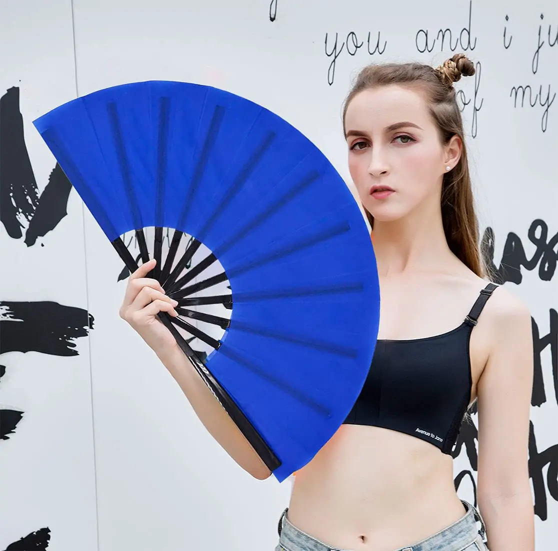 Amajiji Large Folding Fan Blue Nylon-Cloth Plastic Frame 35cm (13.78") | Quick-Open Handheld Fan for Dance & Festivals - view 6