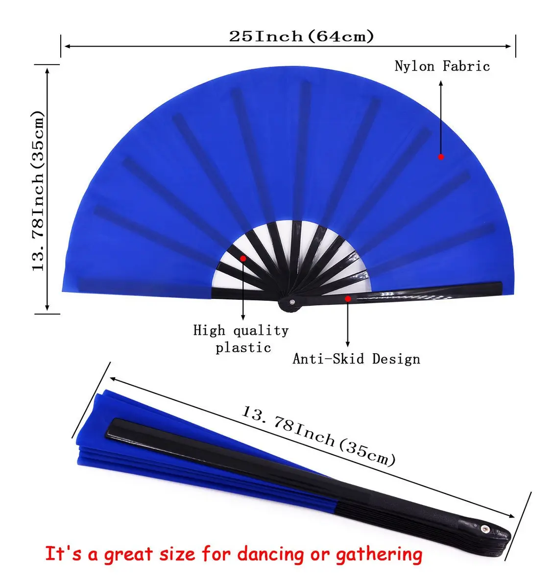 Amajiji Large Folding Fan Blue Nylon-Cloth Plastic Frame 35cm (13.78") | Quick-Open Handheld Fan for Dance & Festivals - view 2