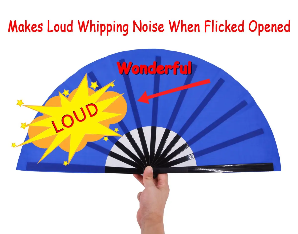 Amajiji Large Folding Fan Blue Nylon-Cloth Plastic Frame 35cm (13.78") | Quick-Open Handheld Fan for Dance & Festivals - view 3