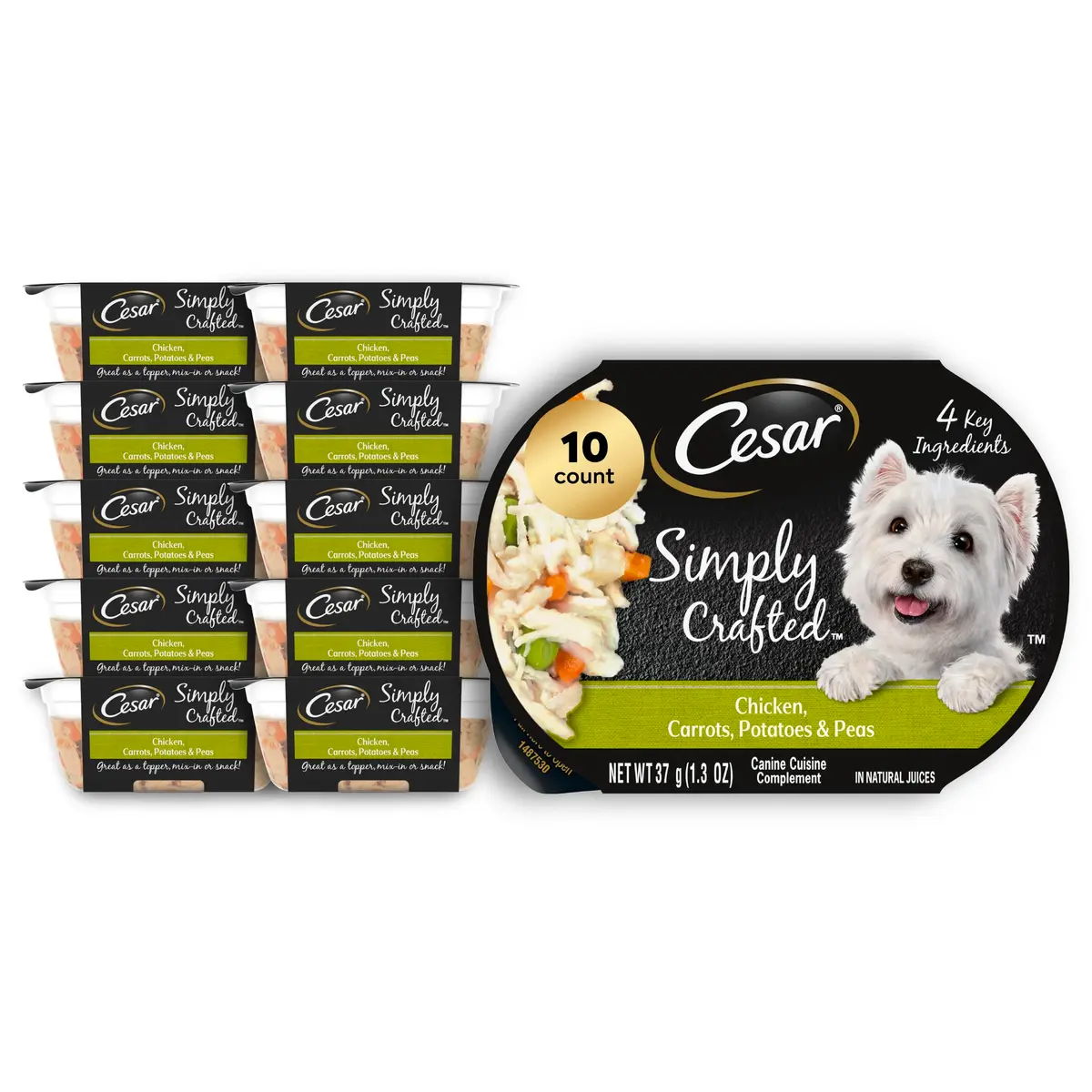 Cesar Simply Crafted Wet Dog Food Toppers, Chicken & Peas, 1.3 oz, 10 Count | Real Chicken & Veggies - main product image