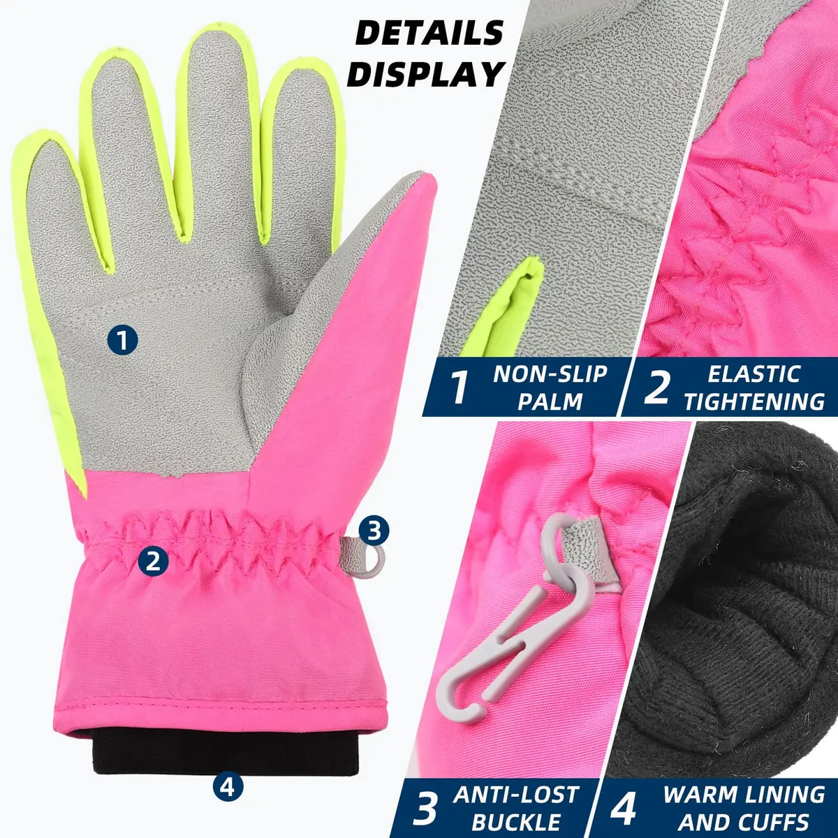 AMYIPO Kids Winter Snow Ski Gloves for Boys Girls 8-9 Years (Pink) | Waterproof & Windproof Fleece Lined - view 8