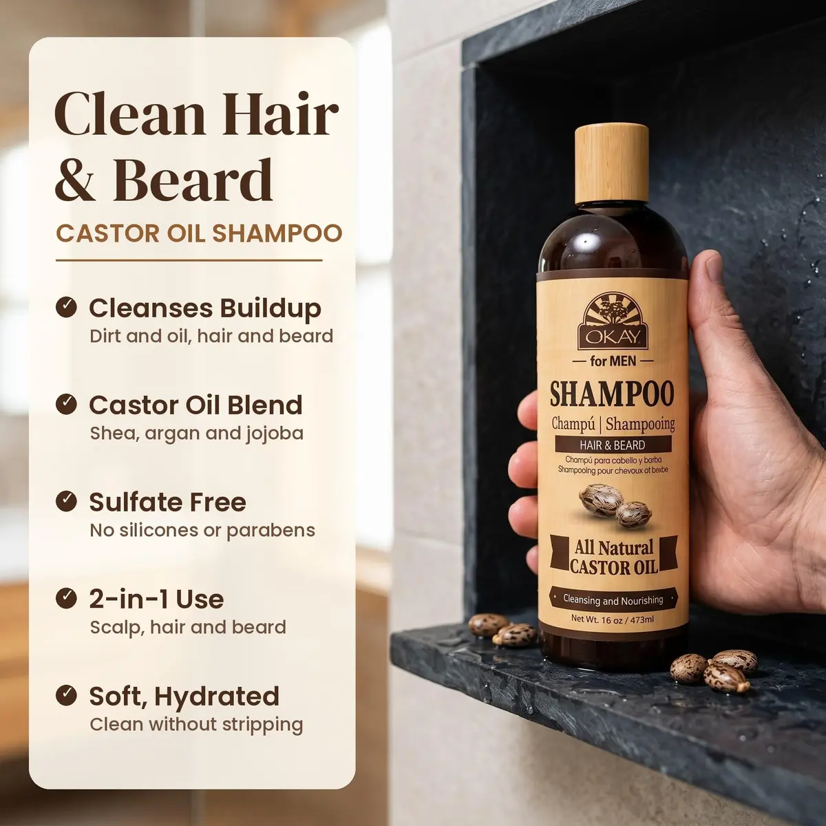 OKAY Men's Castor Oil Shampoo 16 oz | Sulfate-Free, Nourishing & Masculine Scent - view 2