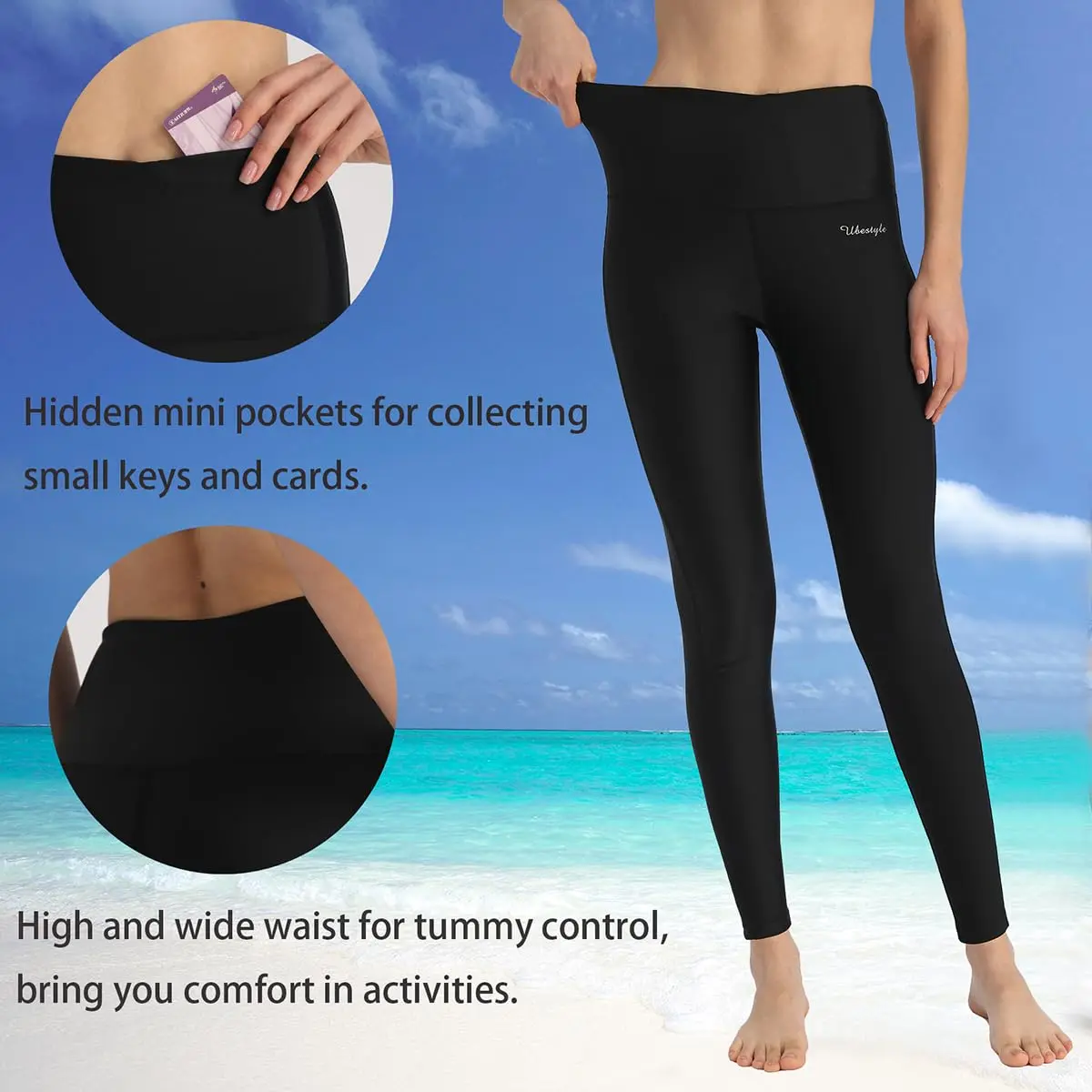Ubestyle Women's Swim Pants UPF 50+ High Waist Rash Guard Leggings Black | Water Sports Support & Sun Protection - view 2