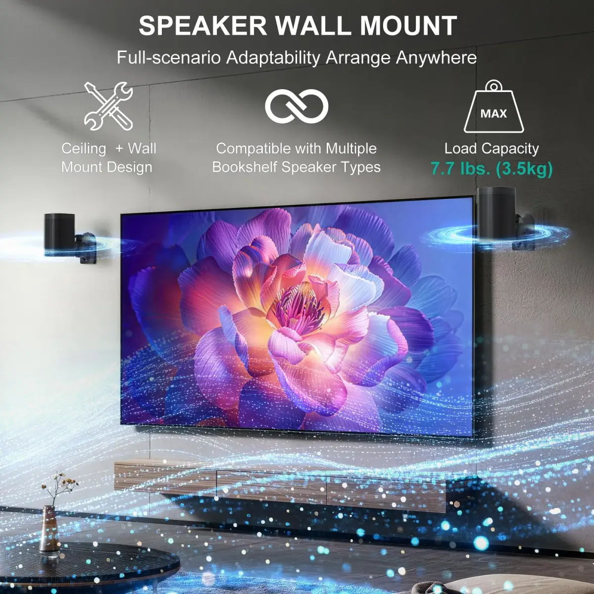 WALI Black 4 Pack Speaker Wall Mount Brackets | 3.5 kg (7.7 Lbs) Capacity, 70° Swivel, 20° Tilt - view 2