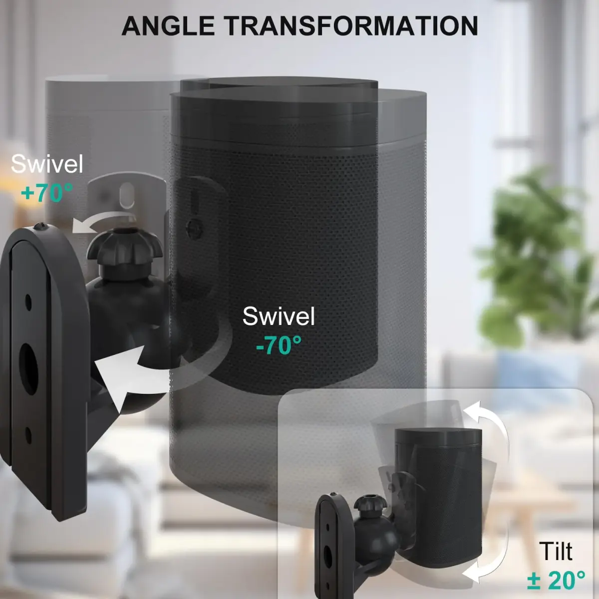 WALI Black 4 Pack Speaker Wall Mount Brackets | 3.5 kg (7.7 Lbs) Capacity, 70° Swivel, 20° Tilt - view 4
