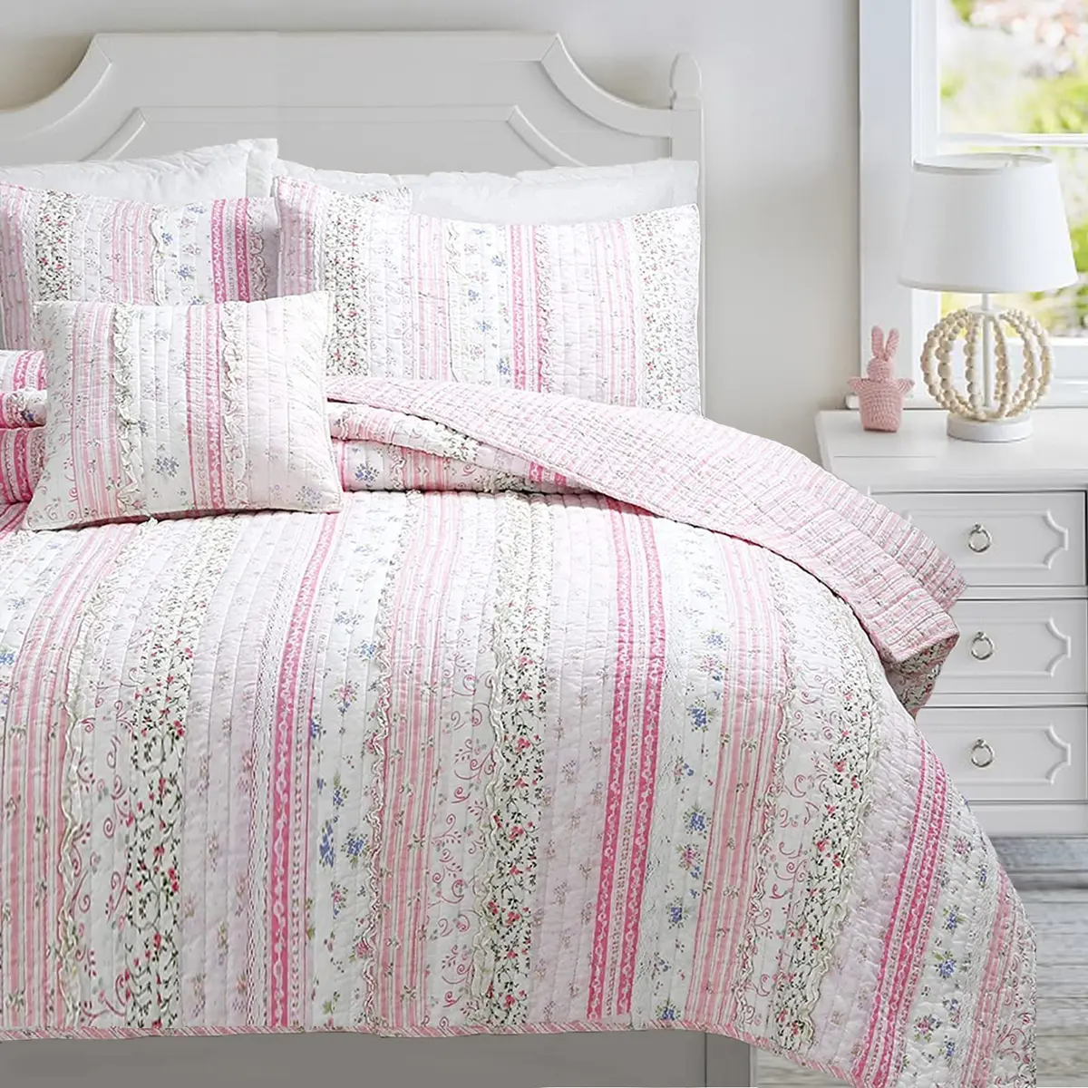 Cozy Line Home Fashions Pink Flower Lace Ruffle Stripe Reversible Quilt Bedding Set, Queen | Shabby Chic Cotton - main product image