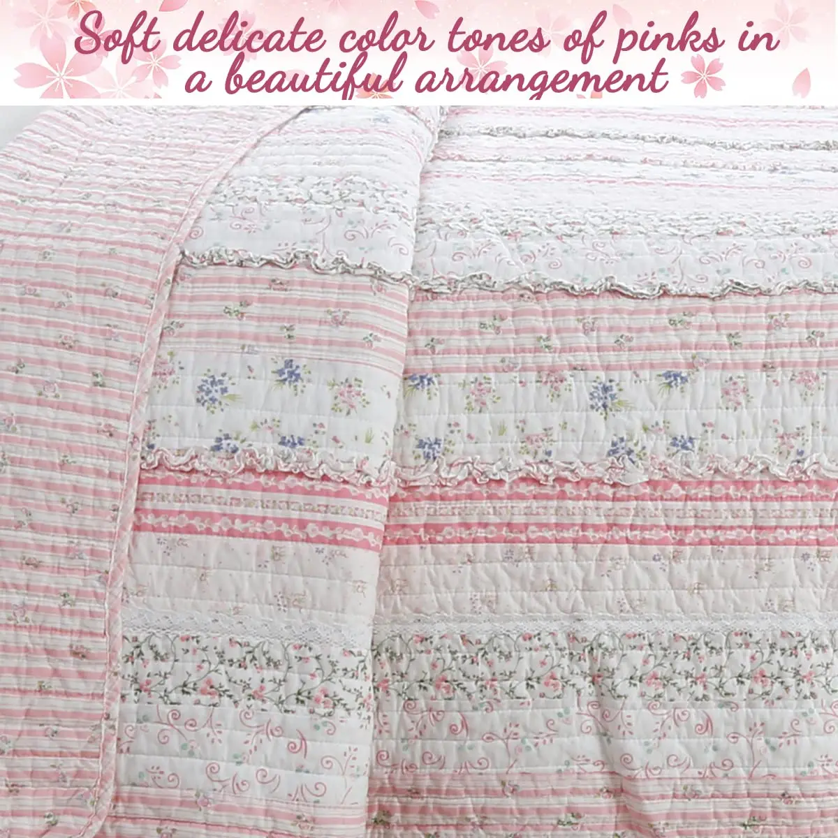 Cozy Line Home Fashions Pink Flower Lace Ruffle Stripe Reversible Quilt Bedding Set, Queen | Shabby Chic Cotton - view 5