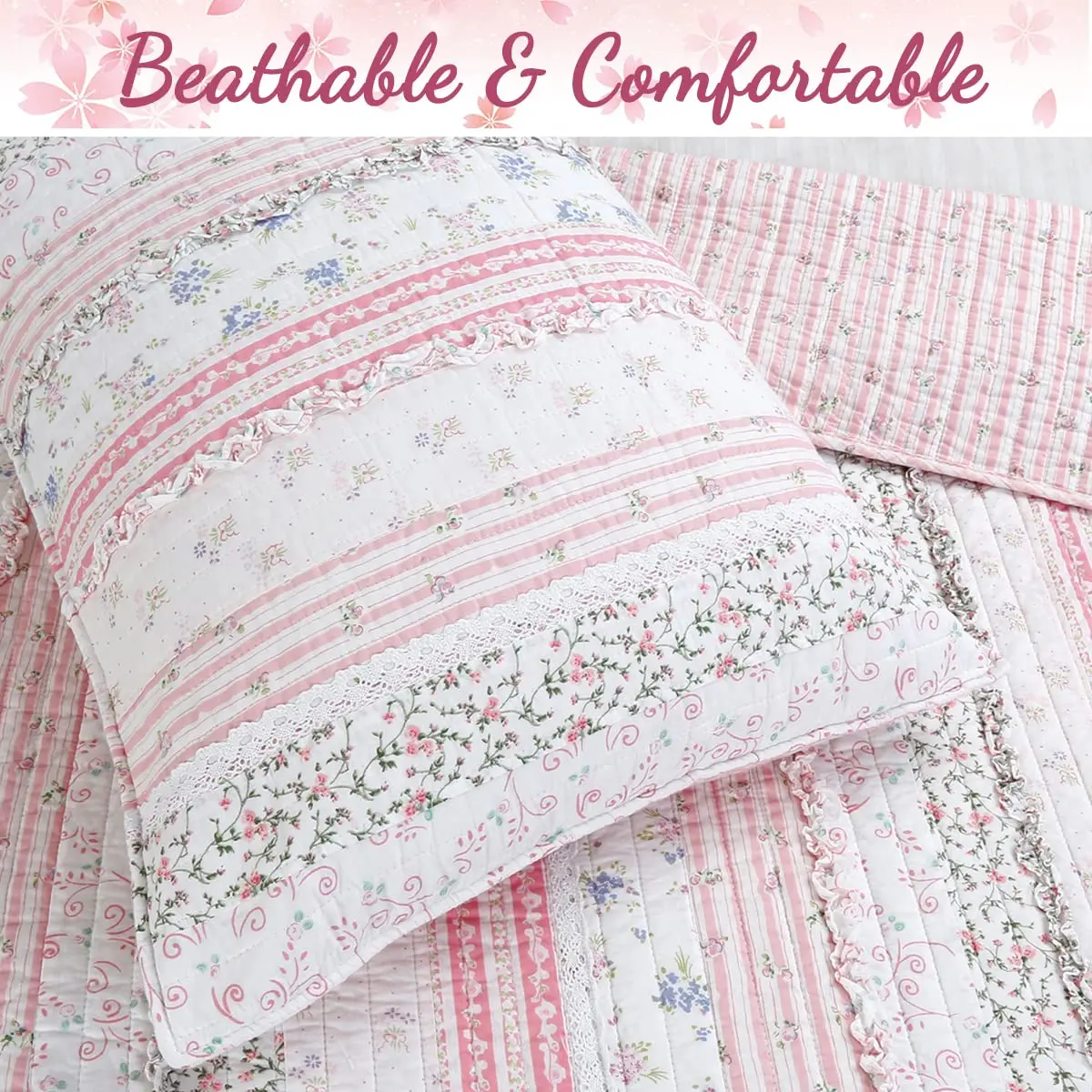 Cozy Line Home Fashions Pink Flower Lace Ruffle Stripe Reversible Quilt Bedding Set, Queen | Shabby Chic Cotton - view 6