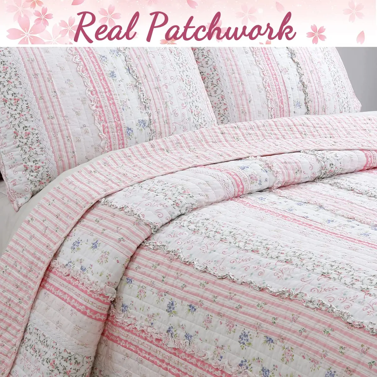 Cozy Line Home Fashions Pink Flower Lace Ruffle Stripe Reversible Quilt Bedding Set, Queen | Shabby Chic Cotton - view 2