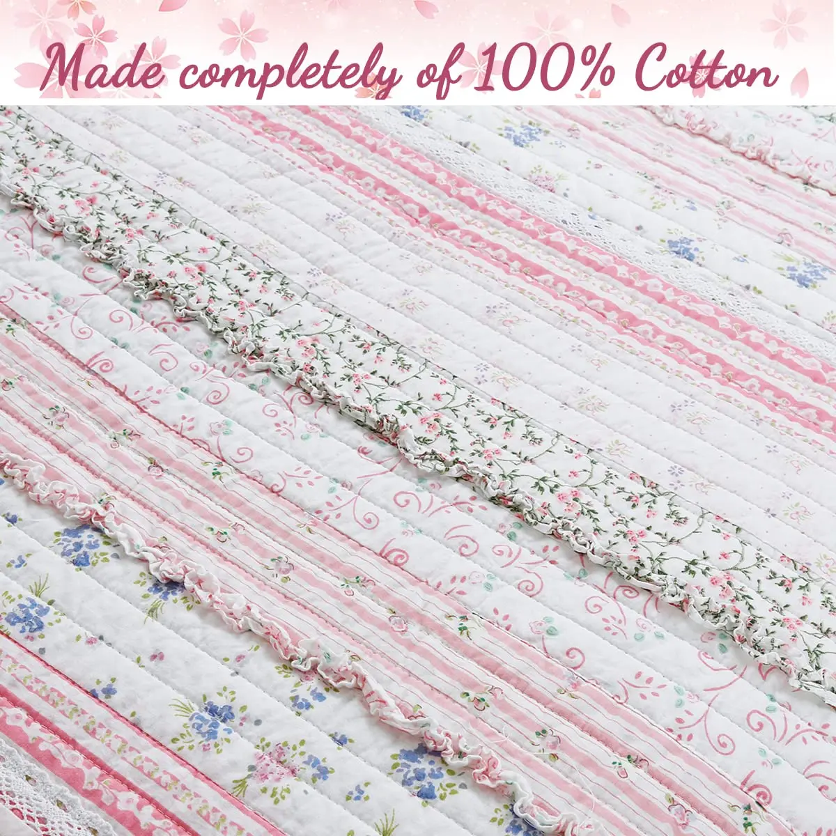 Cozy Line Home Fashions Pink Flower Lace Ruffle Stripe Reversible Quilt Bedding Set, Queen | Shabby Chic Cotton - view 3