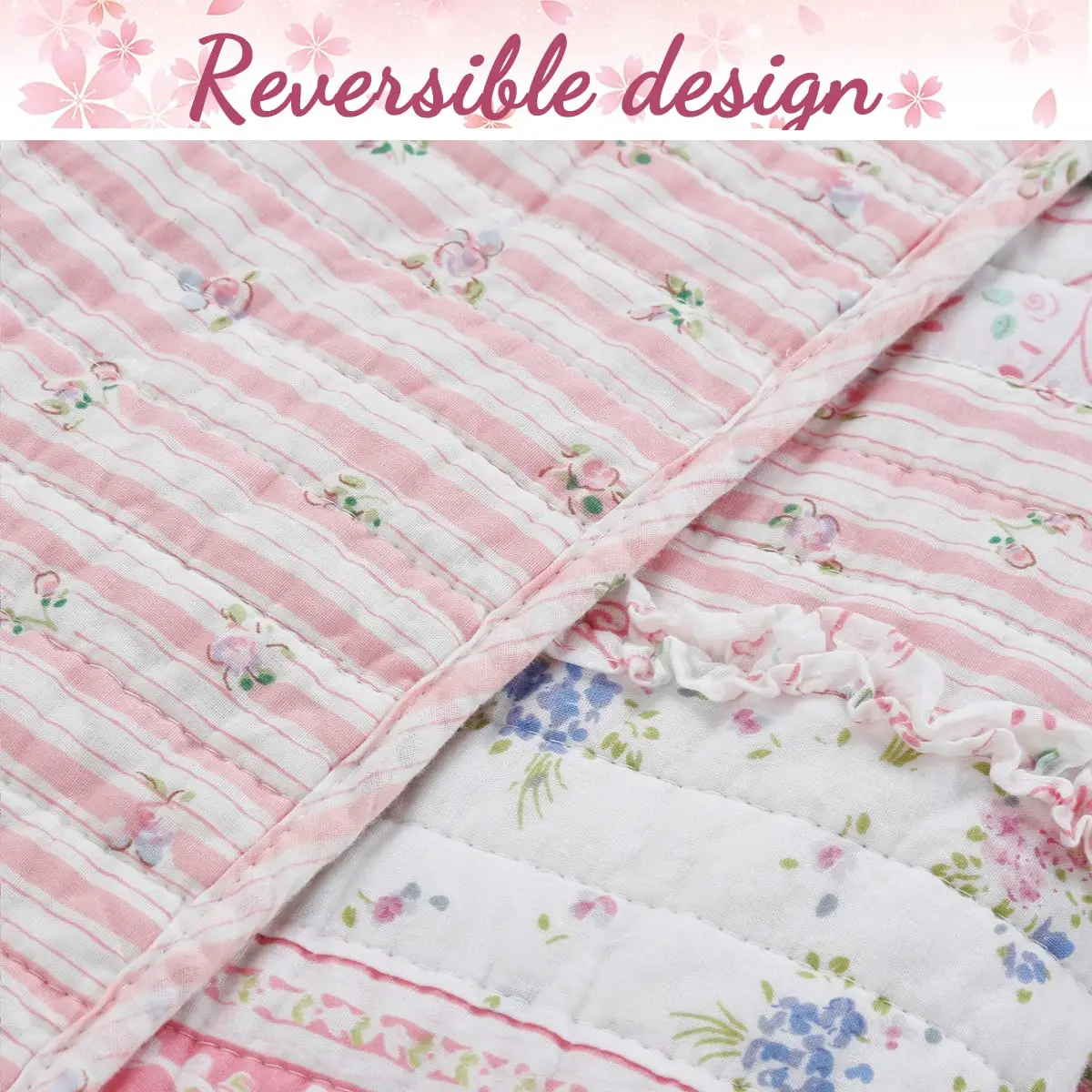 Cozy Line Home Fashions Pink Flower Lace Ruffle Stripe Reversible Quilt Bedding Set, Queen | Shabby Chic Cotton - view 4