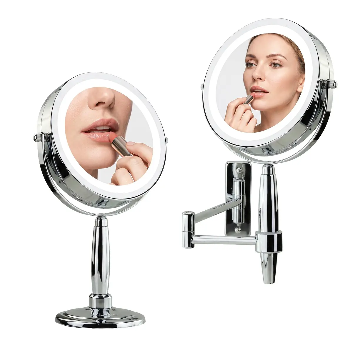 OVENTE 9'' Lighted Magnifying Makeup Mirror, Polished Chrome | 1x/5x Magnification, 360° Swivel, LED Lights - main product image