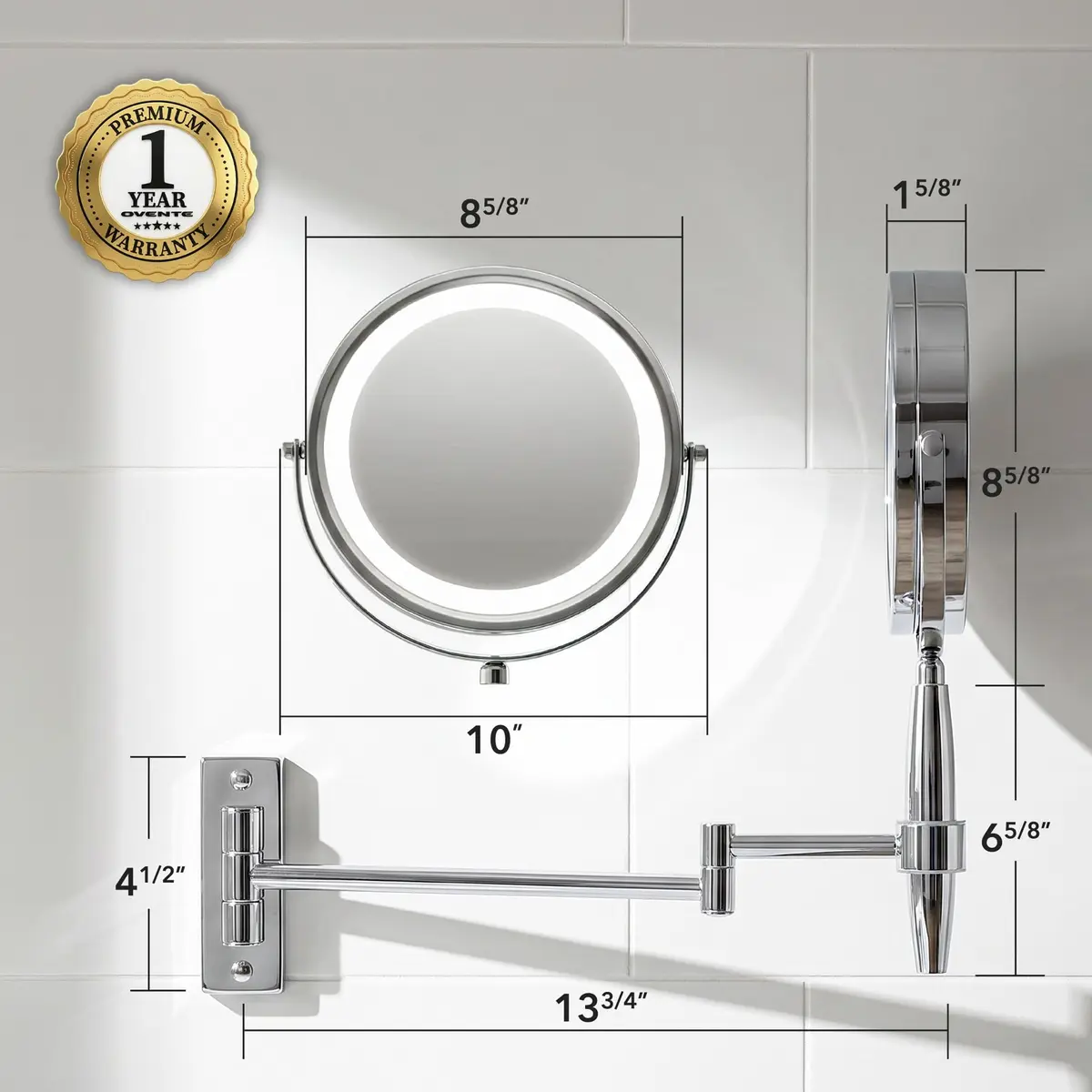 OVENTE 9'' Lighted Magnifying Makeup Mirror, Polished Chrome | 1x/5x Magnification, 360° Swivel, LED Lights - view 5