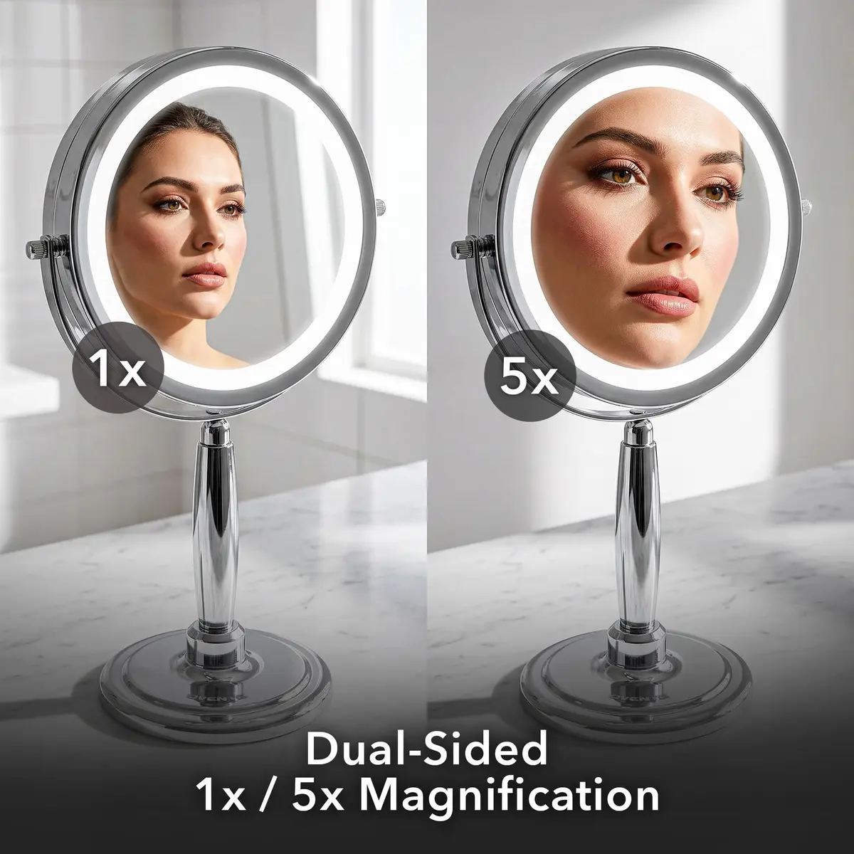 OVENTE 9'' Lighted Magnifying Makeup Mirror, Polished Chrome | 1x/5x Magnification, 360° Swivel, LED Lights - view 6