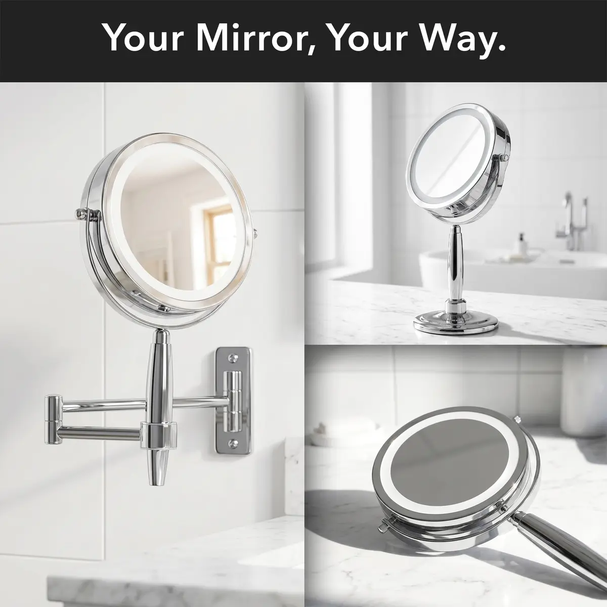 OVENTE 9'' Lighted Magnifying Makeup Mirror, Polished Chrome | 1x/5x Magnification, 360° Swivel, LED Lights - view 7