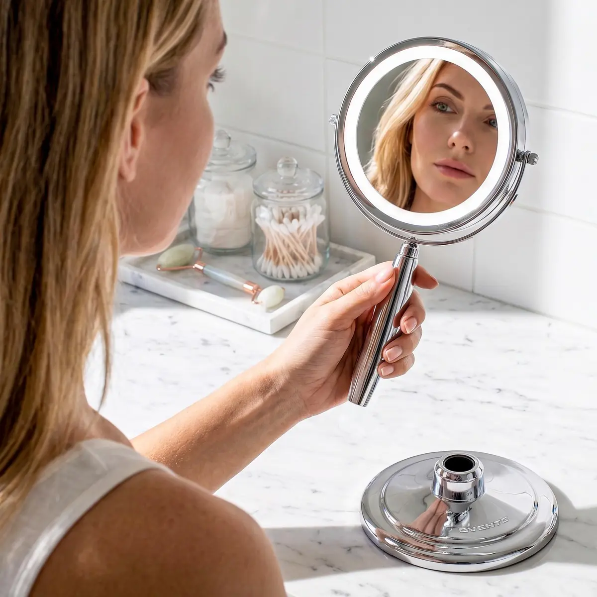 OVENTE 9'' Lighted Magnifying Makeup Mirror, Polished Chrome | 1x/5x Magnification, 360° Swivel, LED Lights - view 9