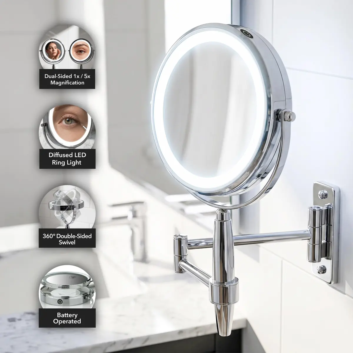OVENTE 9'' Lighted Magnifying Makeup Mirror, Polished Chrome | 1x/5x Magnification, 360° Swivel, LED Lights - view 2