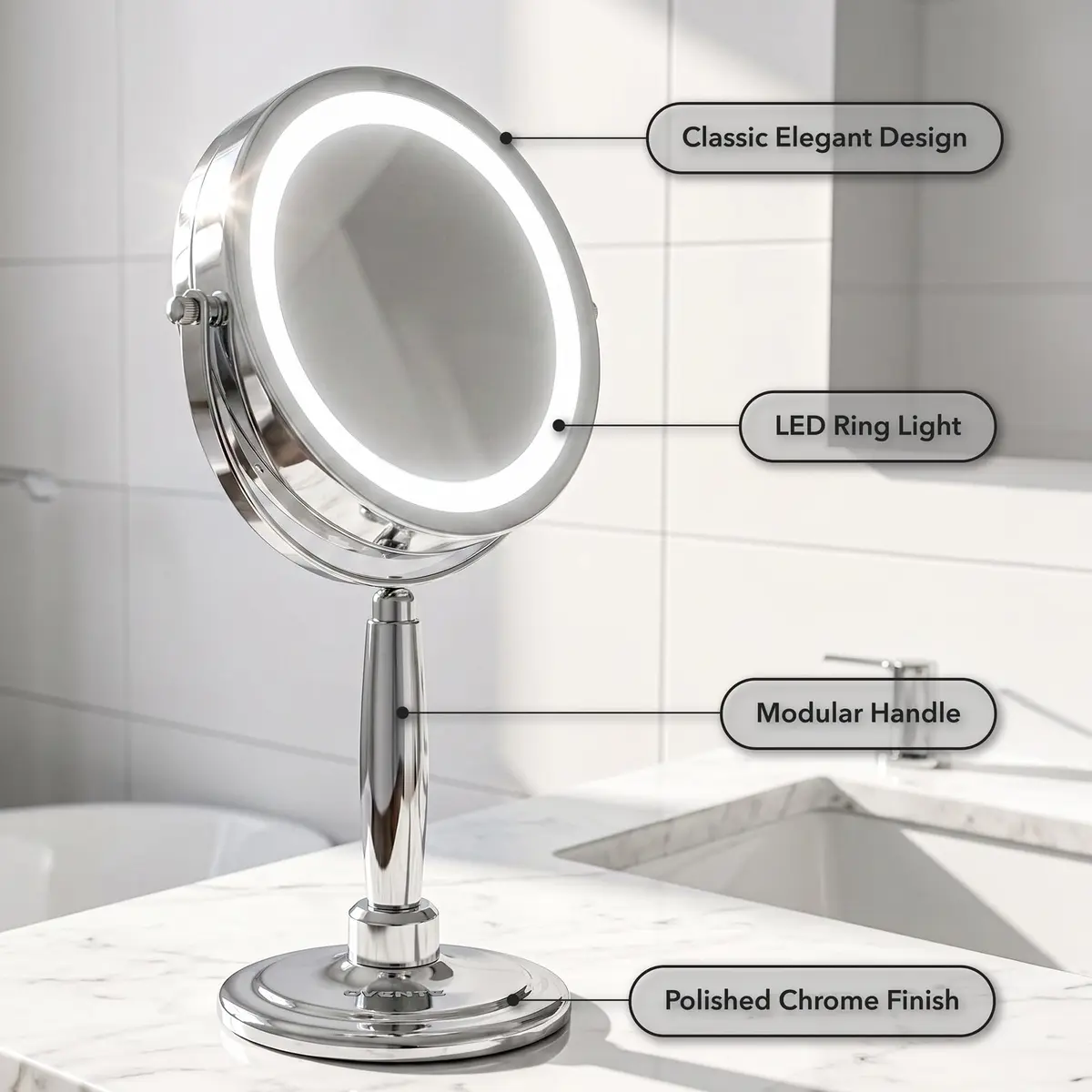 OVENTE 9'' Lighted Magnifying Makeup Mirror, Polished Chrome | 1x/5x Magnification, 360° Swivel, LED Lights - view 3