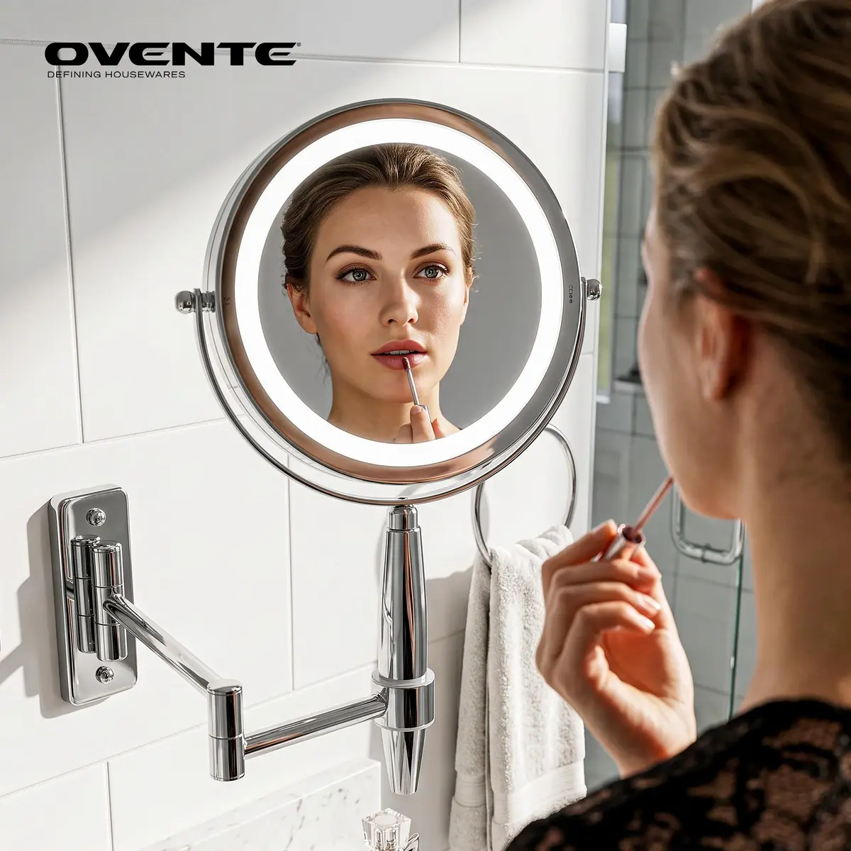 OVENTE 9'' Lighted Magnifying Makeup Mirror, Polished Chrome | 1x/5x Magnification, 360° Swivel, LED Lights - view 4