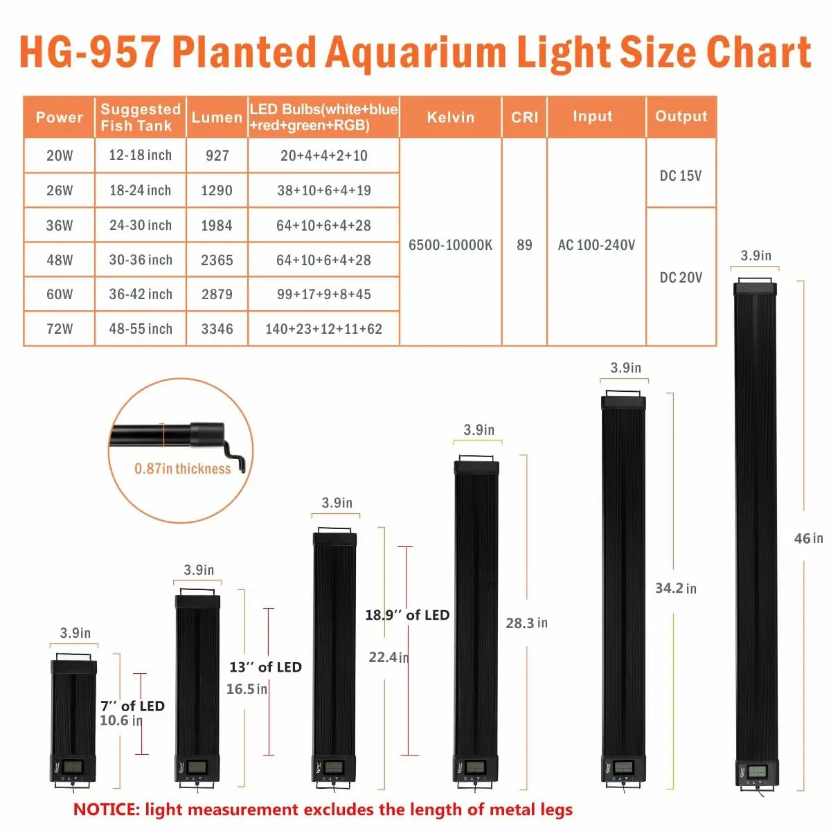 hygger 957 LED Aquarium Light 72W 18-24 Inch Black | Full Spectrum Dimmable Fish Tank Light with Timer - view 6