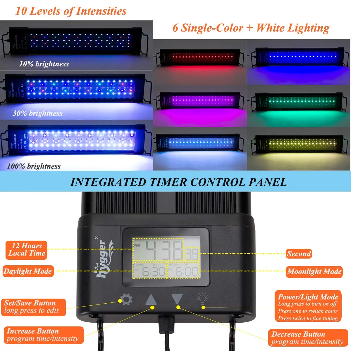 hygger 957 LED Aquarium Light 72W 18-24 Inch Black | Full Spectrum Dimmable Fish Tank Light with Timer - view 2