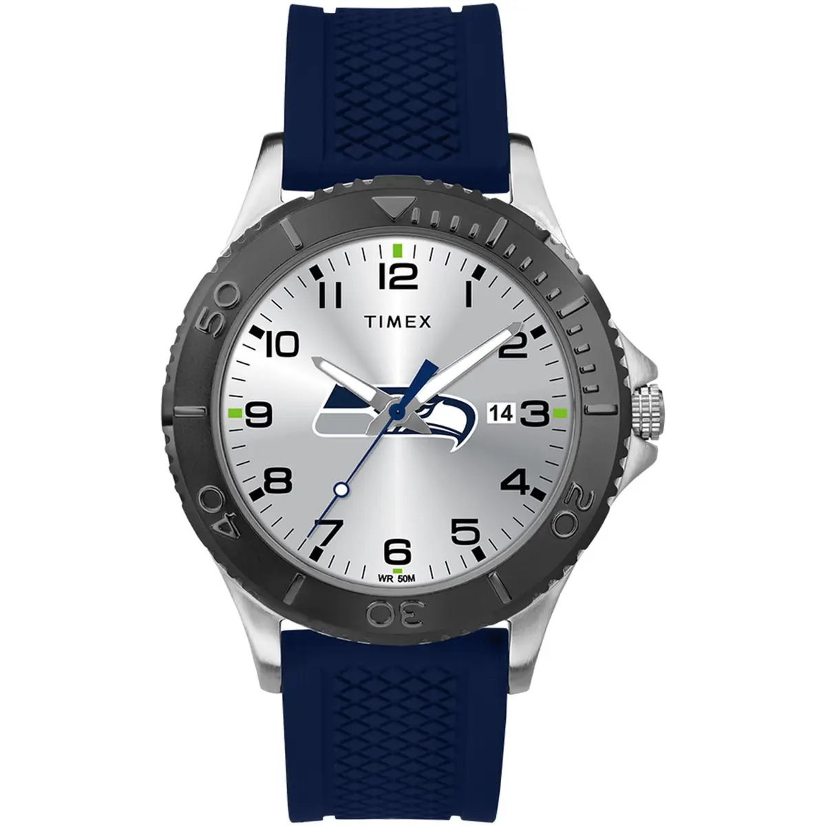 Timex Men's TWZFSEAME NFL Gamer Seattle Seahawks Watch | 42mm Silver Brass Case & Silicone Strap - main product image