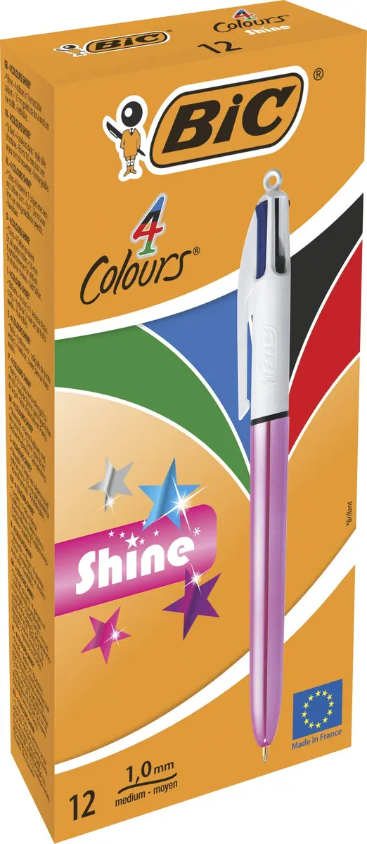 BIC 4 Colours Shine Ballpoint Pens - Box of 12 - Metallic Pink Body with 4 Ink Colours (Blue, Black, Red, Green) | Refillable, Precise, Vibrant - main product image