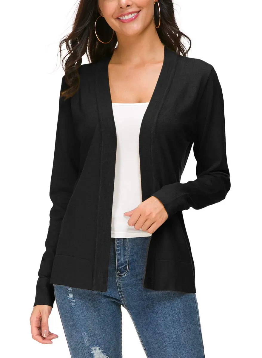 Urban CoCo Women's Long Sleeve Open Front Knit Cardigan Sweater (S, Black) | Lightweight, Soft, Slim Fit - main product image