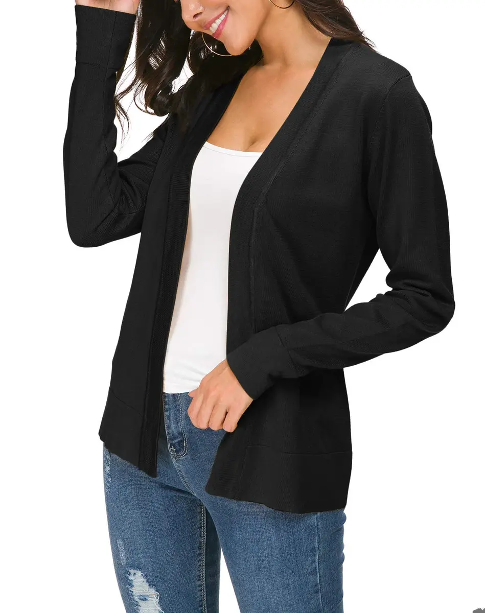 Urban CoCo Women's Long Sleeve Open Front Knit Cardigan Sweater (S, Black) | Lightweight, Soft, Slim Fit - view 2
