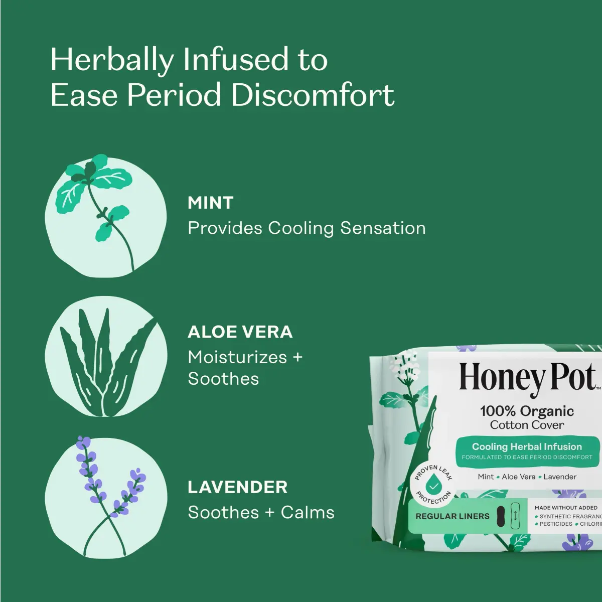 The Honey Pot Company Cooling Herbal Panty Liners 30 Count | Hypoallergenic & Fragrance-Free for Sensitive Skin - view 3