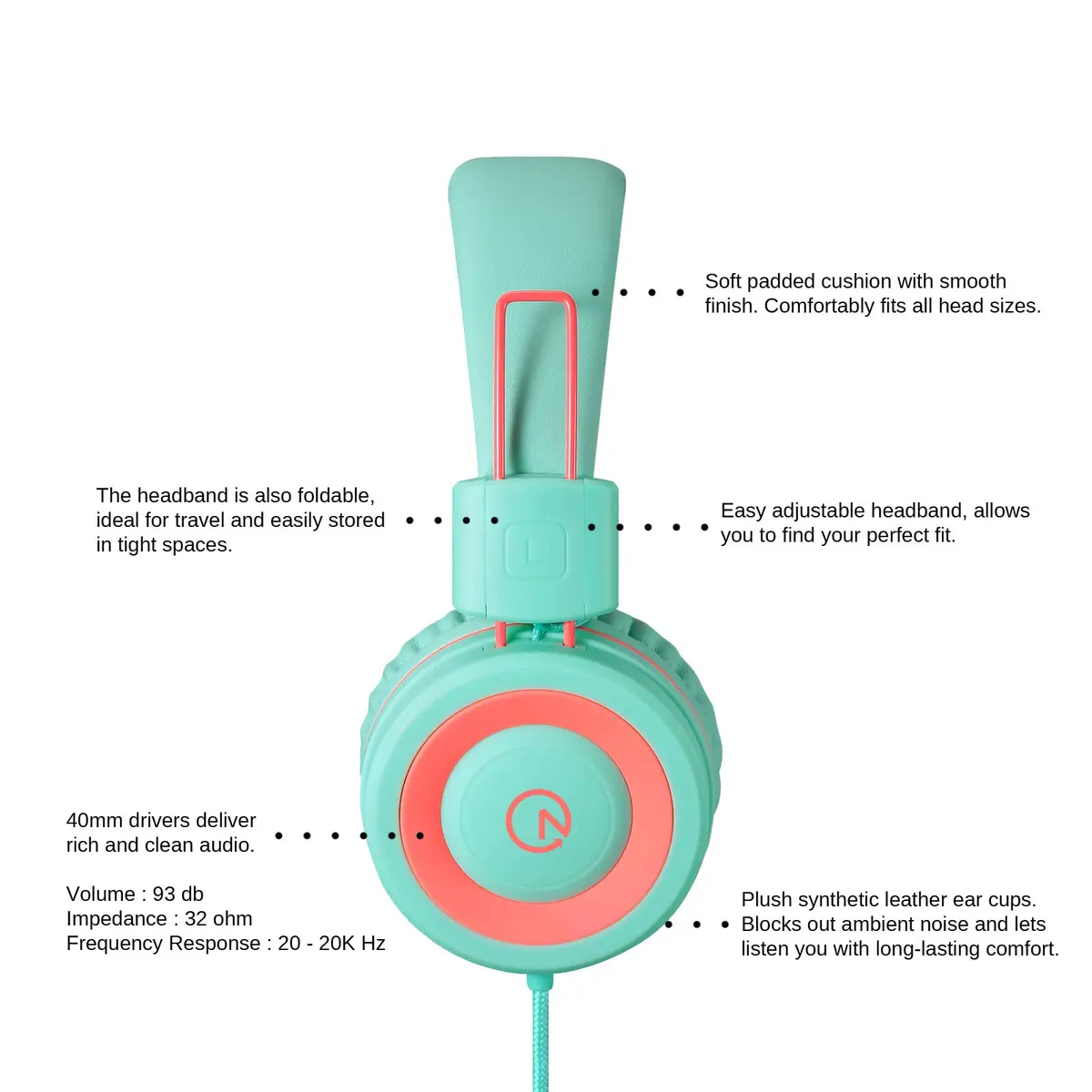 noot products K11 Kids Wired On-Ear Headphones Mint | 5ft Tangle-Free Cord - view 3