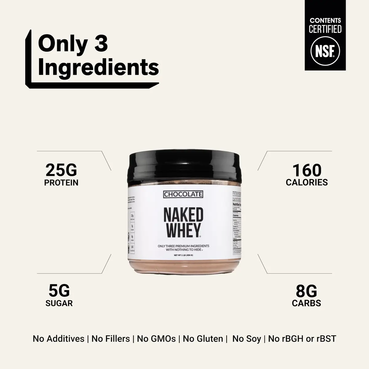 NAKED Chocolate Whey Protein Powder 1LB (454g) | NSF Certified Grass Fed Protein for Muscle Recovery - view 3