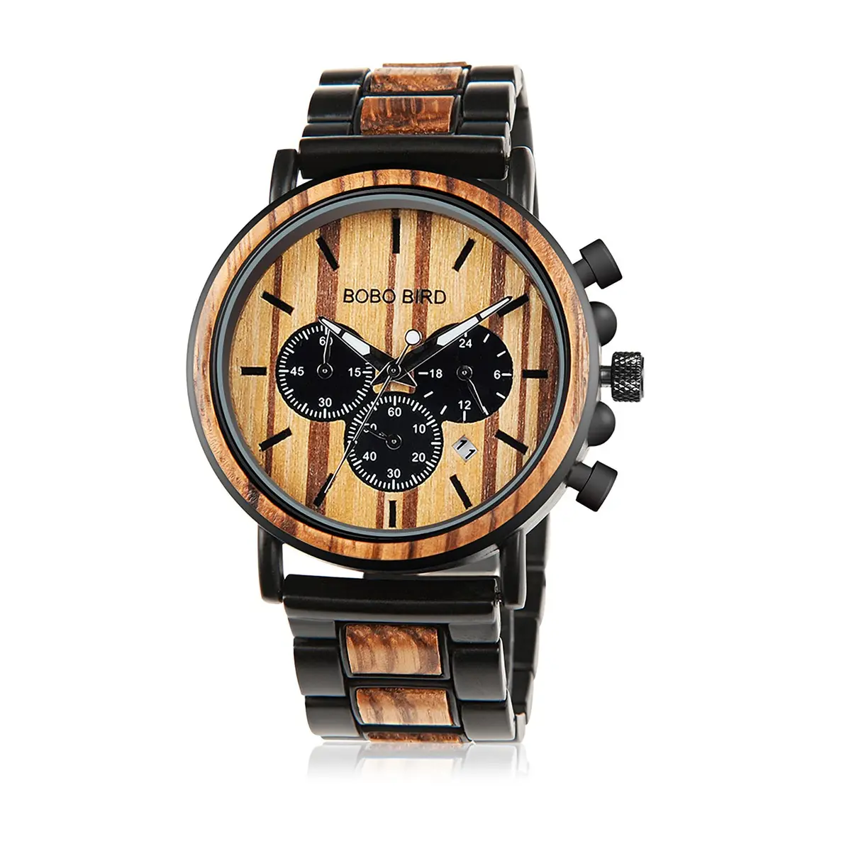 BOBO BIRD Wooden Mens Watch Large Size Stylish Wood & Stainless Steel Chronograph (Black Wood Band) | Quartz Military - main product image